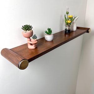 Modern Floating Wall Shelf with Brass Accents, Custom Size Solid Wood Floating Shelf, Wood Wall Decor, Wall shelf for living room