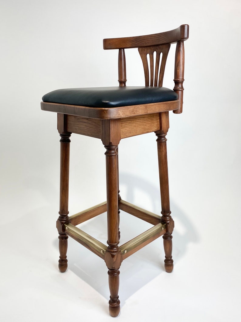 Solid wood Bar Stools in oak, Counter height stool, Bar Furniture, Counter stools, Vintage Bar Stools with back, Wooden bar chair in leather with back