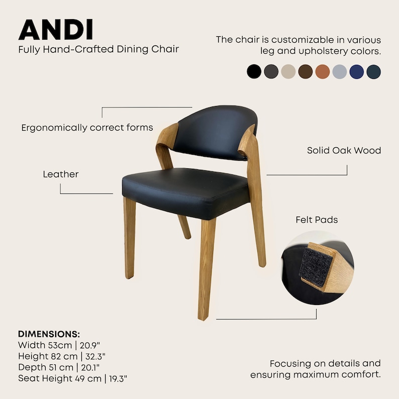 Unique handmade dining chairs made of solid oak and soft leather, chairs for dining room, desk chair, leather chairs, dine table and chair image 5