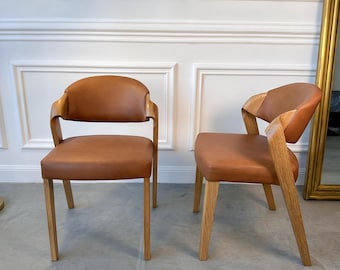 Stylish and Comfortable Dining Chairs with Subtle Curved Accents, Dining Room Chair Customizable Wood & Leather Colors, Modern armrest chair