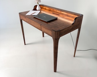 Handmade Walnut Writing Desk with LED Light, Adjustable Brightness, Minimalist Wooden Office Desk with Drawer and Wire Organizer Slot