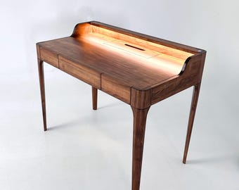 Unique Handcrafted Writing Desk for Home Office, Mid-century Modern Style Wood Desk Table with LED illumination of the working area