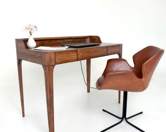 Unique Mid Century Modern Wooden Desk with LED Light, Home Office Console Desk With Drawer, Wooden Office Furniture, Cable Organizer Desk