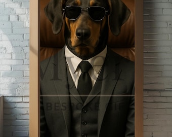 Doberman in Suit Art Print | Moody Canine Office Decor (Digital Download)