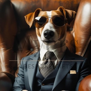 May include: A Jack Russell Terrier wearing sunglasses and a navy blue suit with a striped tie and pocket square, seated in a brown leather armchair. The image has the text "BESPOKE GIFTS".