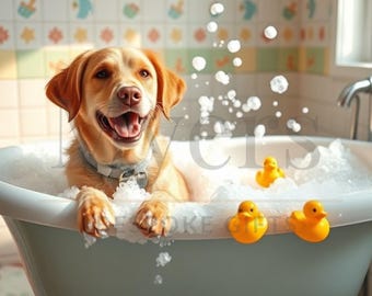 May include: A golden retriever dog enjoys a bubble bath in a white tub. The dog is wearing a collar and surrounded by bubbles and yellow rubber duckies. The bathroom has a decorative tile wall.