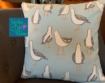 Fun Seagull on Blue Cushion Cover