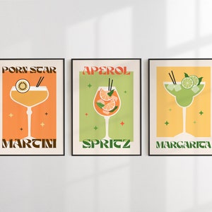 Juego de 3 impresiones de bebidas alcohólicas, póster de cócteles retro, colores brillantes, arte de pared vintage, juego de galería de pared colorido, decoración de bebidas, arte digital, JPEG