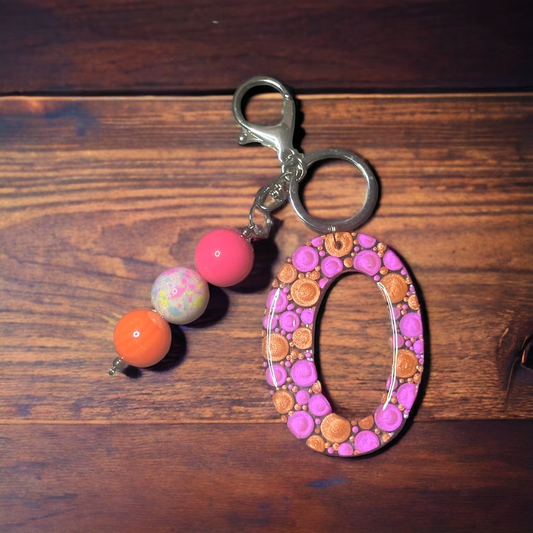 Dot Art Letter O Bubblegum Bead Keychain, Fun Keyring, Beaded Bag Charm ...
