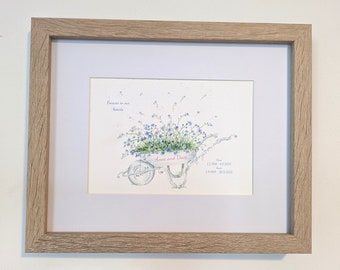 Personalised Watercolour Forget-me-not flower and wheelbarrow painting. Signed and framed gift set. Giclee print. Memorial keepsake.