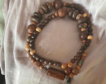 MALA BEAD NECKLACE  *  Custom Design from Vintage Prayer Malas  *  Bodhi ~Rudraksha ~Tulsi  *  India ~ Nepal~ Bali