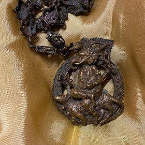 Handmade Bronze Ganesh Amulet Necklace: Elephant God Protection Jewelry * Ganesh Riding Mouse Design