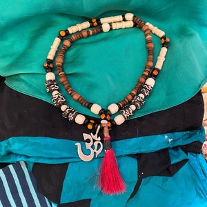 SACRED BEAD Necklace  *  Sterling Silver OM Pendant  *  Beads of Bone~ Borneo  Glass ~ Wood  * Protection Necklace. .*