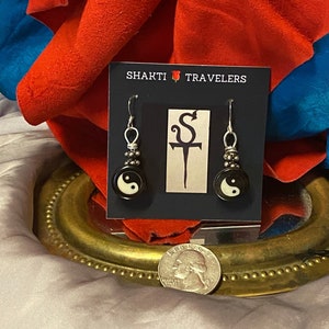 YIN YANG EARRINGS * Bone  and Buffalo Horn  Yin Yang Dangle Earrings * Sterling Silver Earwires* Made from Vintage  Handmade Buttons* Nepal