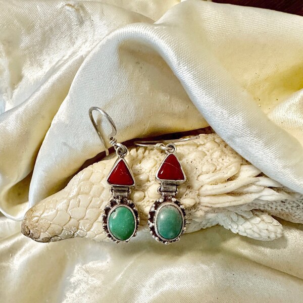 Boucles D'oreilles Pendantes Turquoise Et Argent 925 - Style Tibétain - Neuf Avec étiquettes