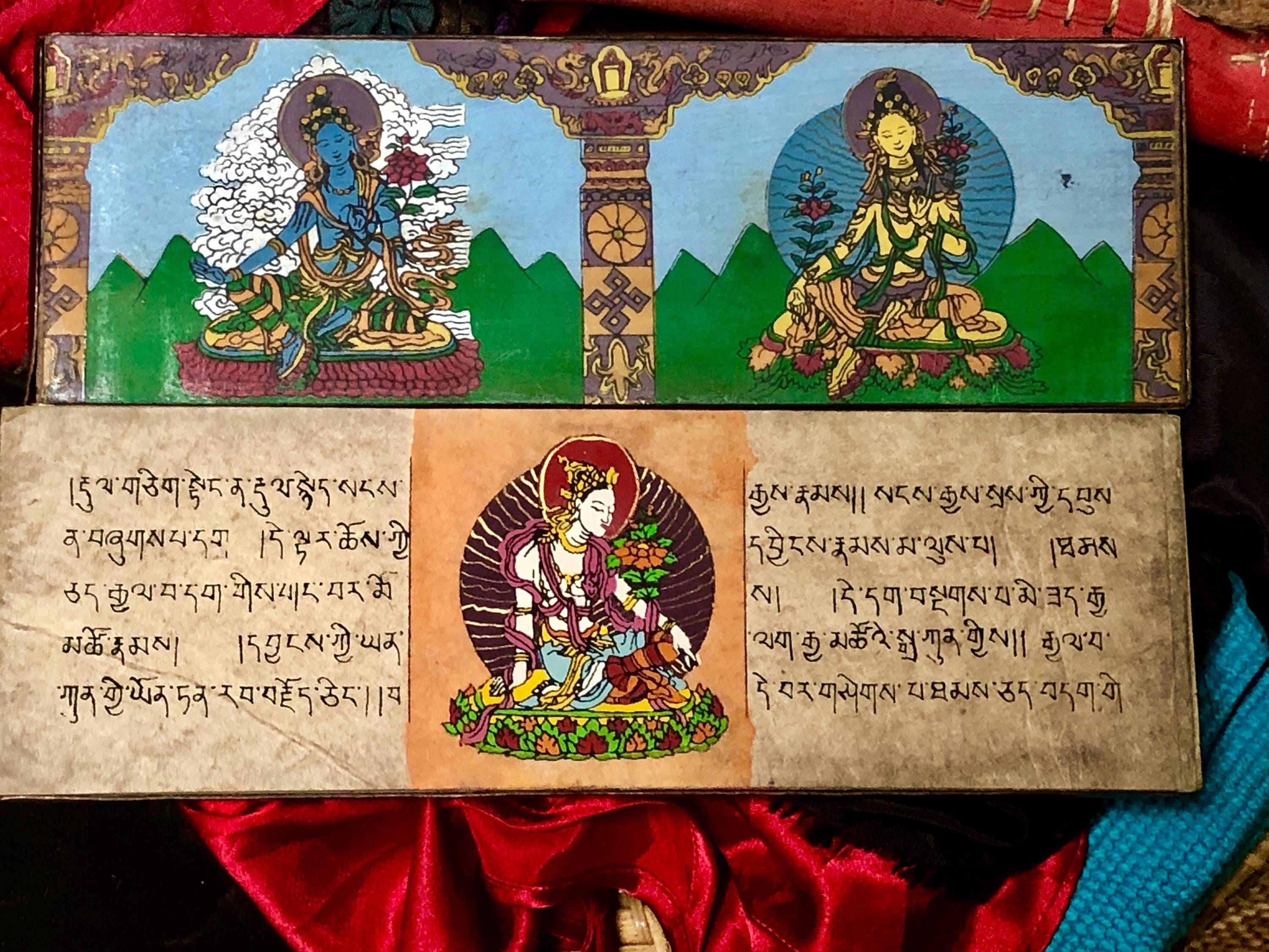 チベット仏教祈祷書：ヴィンテージ菩薩画 * 仏陀経典 * 銅製レポゼ龍