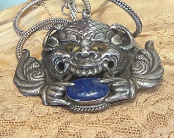 Amuleto de la Deidad de Protección del Himalaya: CHEPPU 925 Plata ~ Colgante Lapis * Nepal ByHand