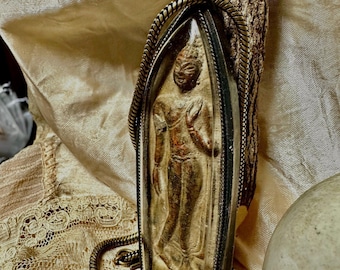 Standing Buddha Protection Amulet: Bronze in Pewter Case * Brass Chain * Thailand