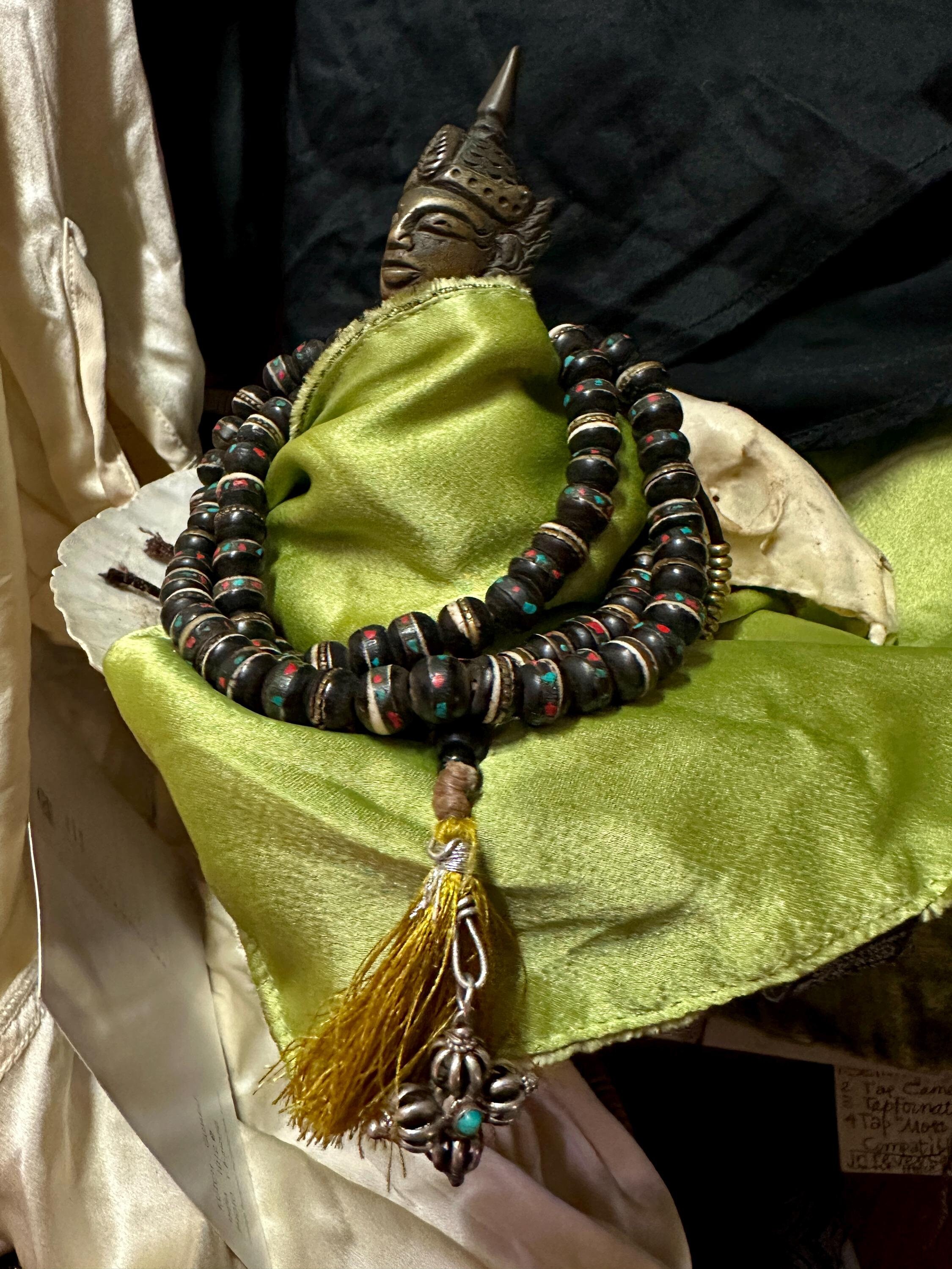 チベット数珠 ヴィンテージチベット骨数珠：ターコイズ、サンゴ、925シルバー