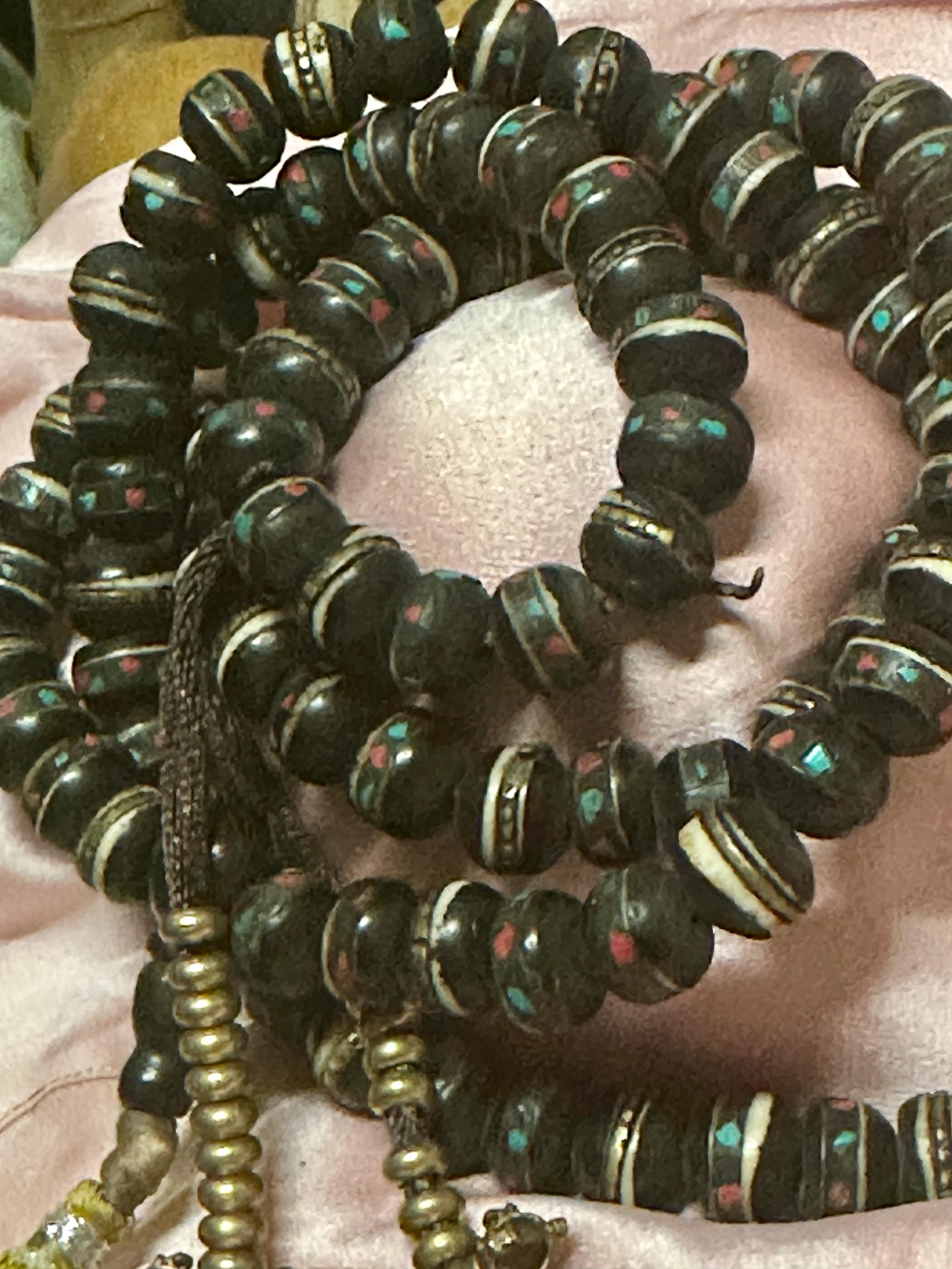 ヴィンテージチベット骨数珠：ターコイズ、サンゴ、925シルバー