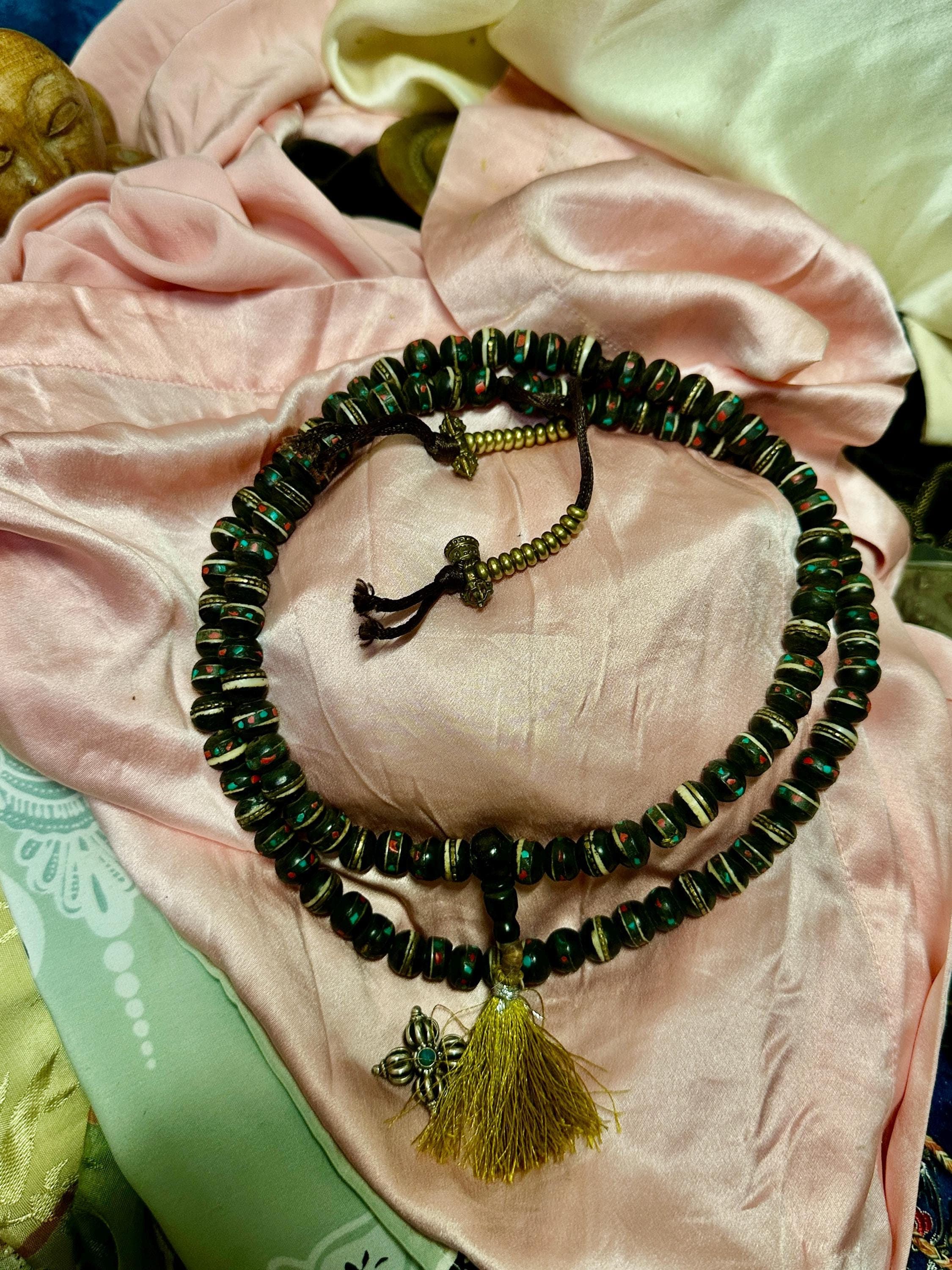 ヴィンテージチベット骨数珠：ターコイズ、サンゴ、925シルバー