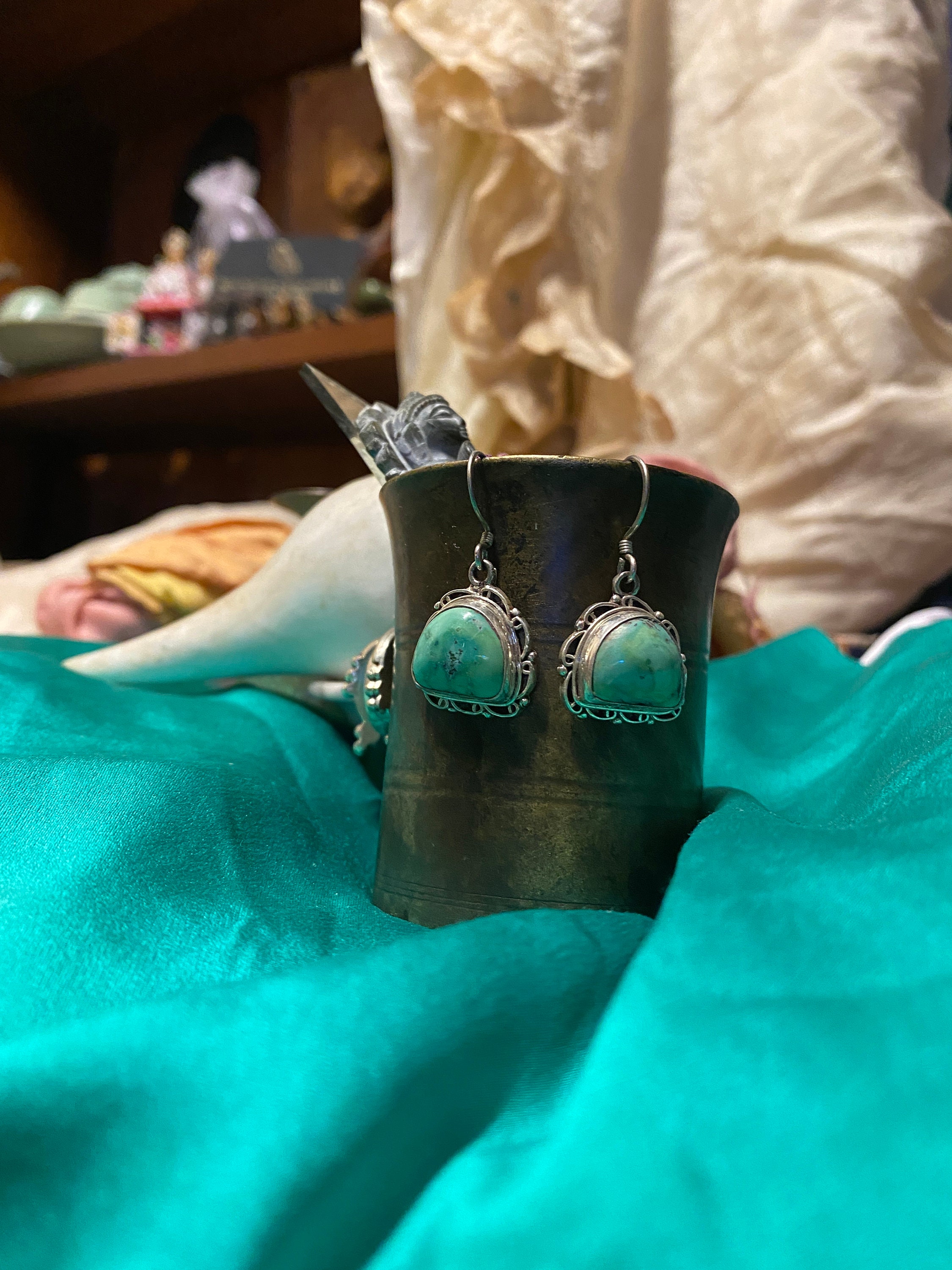 Geniune Tibetan Turquoise  Earrings in Solid 92.5 Sterling Silver Tibetan vintage Earrings