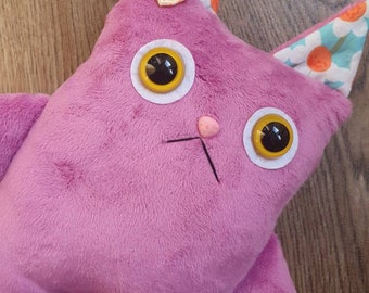 Mauve pink zombie cat. Handmad3 ooak crazy cat teddy. Cat plushie. Yellow eyes bows flower ears. Only one made. Cat gift home decor cat love