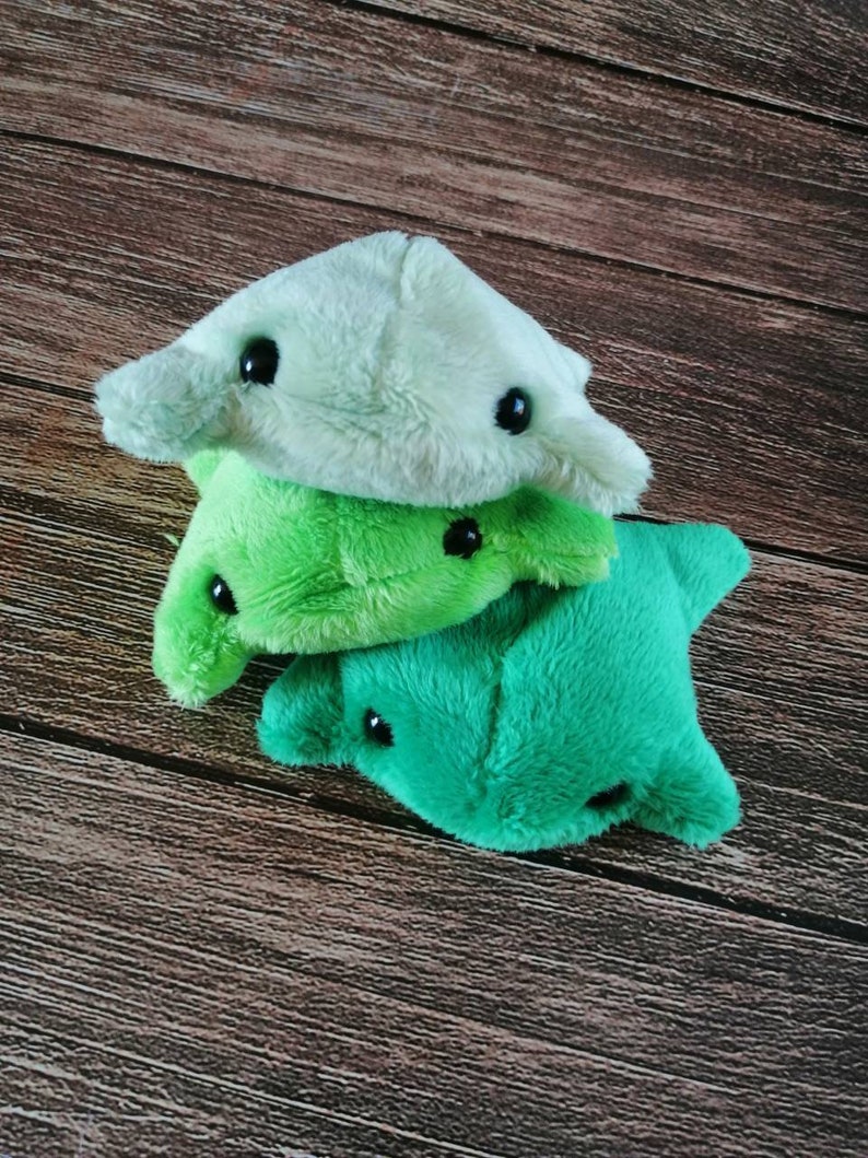 Pu&ograve; includere: Tre giocattoli di peluche a forma di razza. Il giocattolo in alto &egrave; verde chiaro, quello in mezzo &egrave; verde scuro e quello in basso &egrave; verde brillante.