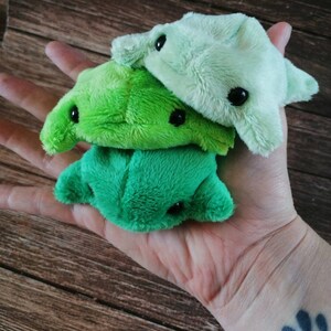 Pu&ograve; includere: Tre peluche a forma di creature marine. Il giocattolo in alto &egrave; verde chiaro, quello in mezzo &egrave; verde scuro e quello in basso &egrave; verde brillante. Tutti e tre i giocattoli hanno occhi neri.