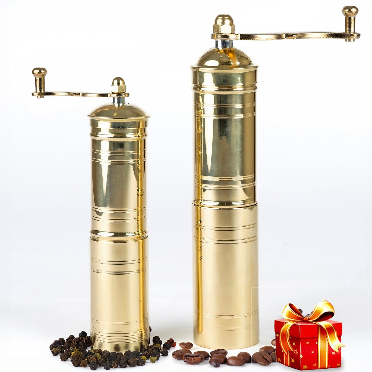 Set of Two, Traditional Turkish Coffee Grinders, Brass Coffee Mill, Qualification Adjustable Grinder, Manual Coffee Mill With Handle - Etsy