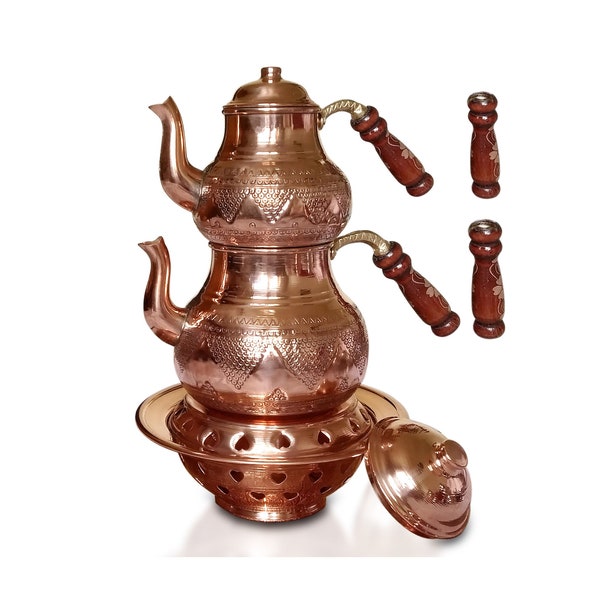 Handgemachte Kupfer-Teekanne mit Teewärmer, authentischer Stil Traubenmuster, Samowar, Kessel, 3 Stück, Geschenk für Ihn