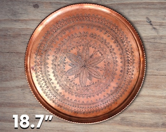 18.7" Heavy Gauge Handmade Copper Serving Tray, Round Tray, Large Tray, Vintage Tray, Decorative Tray, Copper Tray, Engraved Embroidery