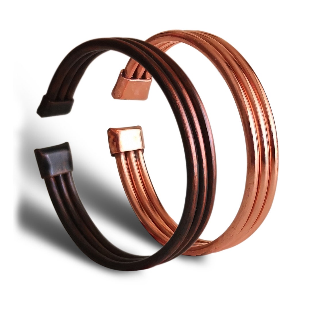 Set of Two, 7 Handmade Triple Line Copper Bracelet for Men and Women