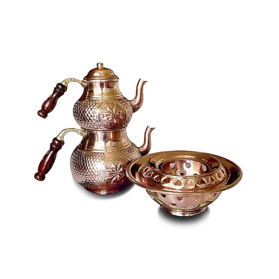 3 St/ück authentischer Stil Handgefertigte Kupfer-Teekanne mit Ottomanen-Heizung Wasserkocher graviertes Muster Samowar