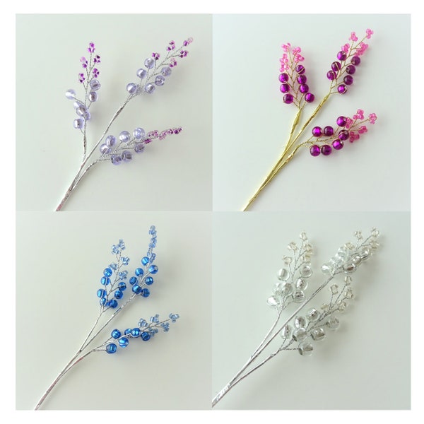 Crystal Berry Branch, Lilac and Silver, 7mm Beads, Flower Embellishments