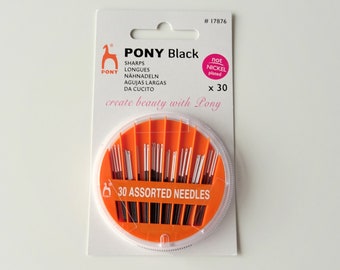 Pony Black Sharps Nadeln, Größe 5/9 30er-Packung (sortiert), Nickle-freie Nadeln, Handnähnadeln, Bastelbedarf