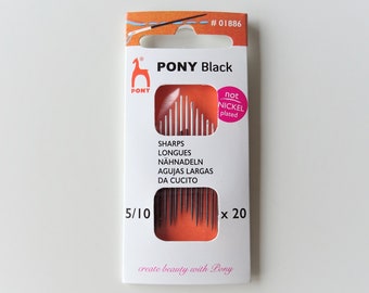 May include: A package of 20 black sewing needles, size 5/10, labeled "PONY Black" and "not nickel plated". The package is white with orange accents and includes the text "SHARPS LONGUES NÄHNADELN AGUJAS LARGAS DA CUCITO" and "create beauty with Pony".