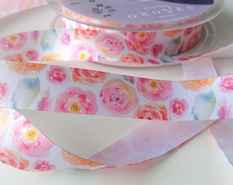 Pink Floral Satin Ribbon, 15mm Wide Ribbon, Sold by the Meter