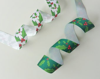 Festive White & Green Holly Ribbon 25mm, Christmas Gift Wrap Ribbon, Sold by the Meter