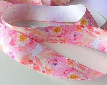 Pink Floral Satin Ribbon by Berisford, 25mm Wide Ribbon, Mothers Day Wedding Day Ribbon Gift Wrap, Sold by the Meter