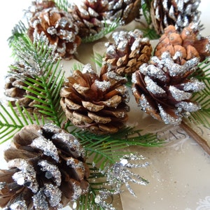 May include: A cluster of pine cones covered in silver glitter, arranged on a brown background with green pine branches.