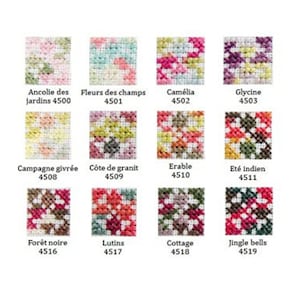 May include: A grid of 12 colourful cross-stitch patterns with French names and numbers. The patterns include floral designs, nature scenes, and abstract patterns.