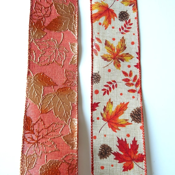 Autumn Leaves & Foliage Wire Edge Ribbon, 63mm (2.5") Ribbon, Wreath and Garland Supplies