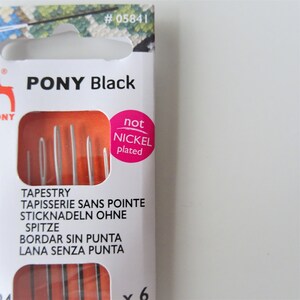 May include: A package of six black tapestry needles, labeled "PONY Black" and "not nickel plated". The needles are designed for tapestry, embroidery, and other crafts.