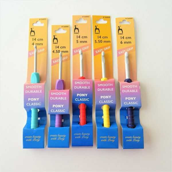 Pony Easy Grip Handle Crochet Hooks, 14cm Long Hook, Sizes 4mm - 6mm