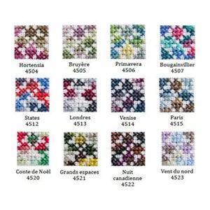 May include: A grid of 12 small cross-stitch patterns, each with a different colour scheme and design. The patterns are labelled with names like "Hortensia", "Bruy&egrave;re", "Primavera", "States", "Londres", "Venise", "Paris", "Conte de No&euml;l", "Grands espaces", "Nuit canadienne", and "Vent du nord". Each pattern is numbered with a four-digit code.