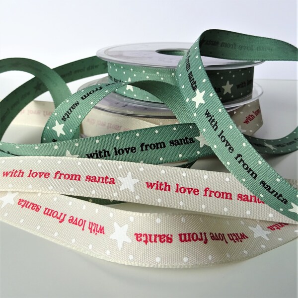 With Love From Santa Christmas Grosgrain Ribbon 15mm Wide, Ribbon for Wrapping Children's Presents, Craft Ribbon for Kids, Sold by the Meter