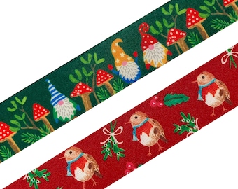Christmas Ribbon, Robin and Woodland Gnome Festive Satin Ribbon, 2.5mm (1") Wide, Sold by the Meter