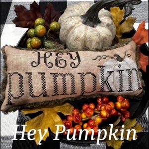 May include: A decorative cushion with the text "Hey Pumpkin" embroidered on it. The cushion is on a black and white checked surface with a white pumpkin and autumn foliage.
