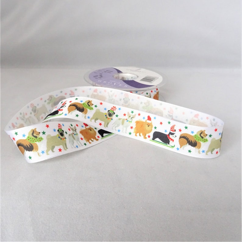 Christmas Dog Puppy Ribbon 25mm Wide Satin Ribbon Craft Etsy